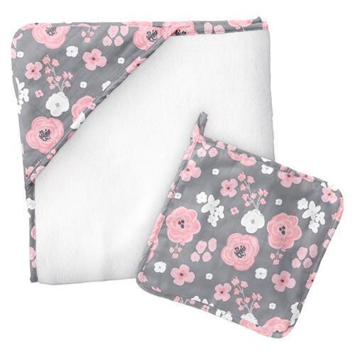 Hooded Towel &amp; Washcloth Set, Charcoal Flower