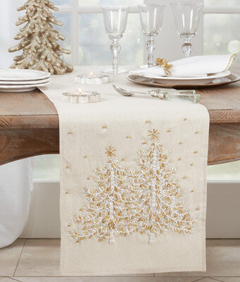 Embroidered Christmas Tree Runner, Natural 14"x72"