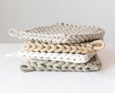 8" Square Cotton Crocheted Potholder, Light Neutrals
