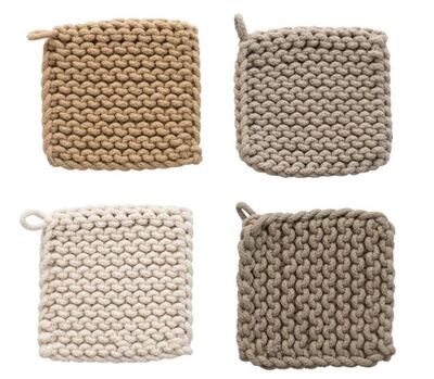 8&quot; Square Cotton Crocheted Potholder, Light Neutrals