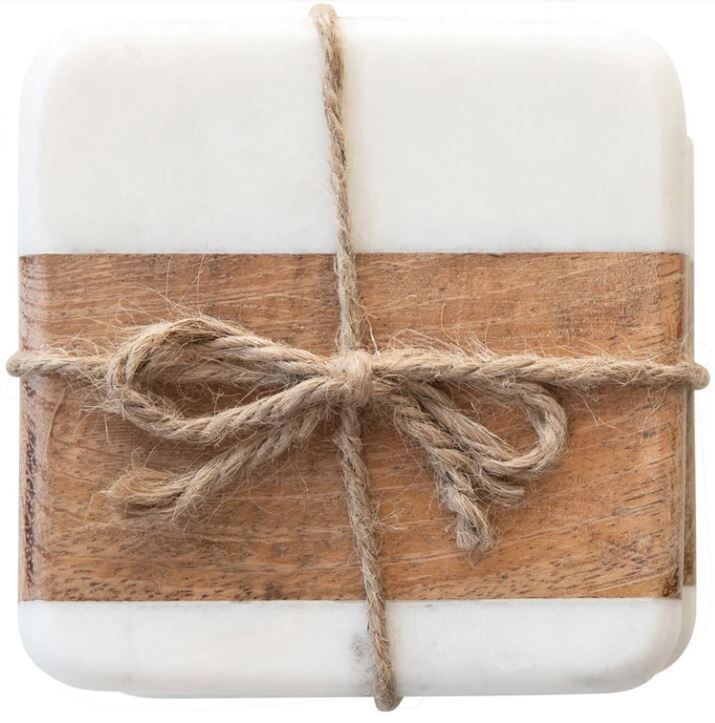 Square Marble/Mango Wood Coasters, Set Of 4
