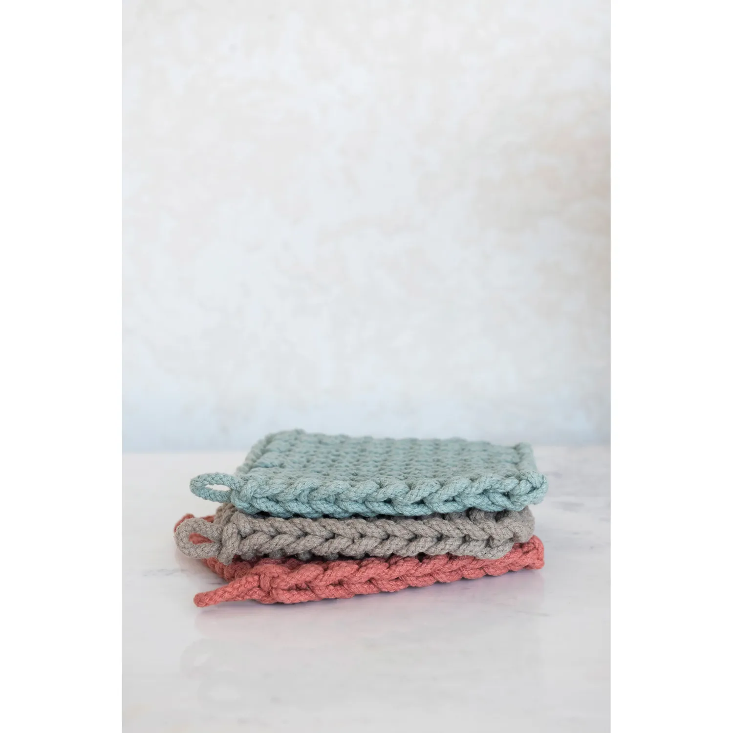 8&quot; Square Cotton Crocheted Potholder, Aqua/Rose/Taupe