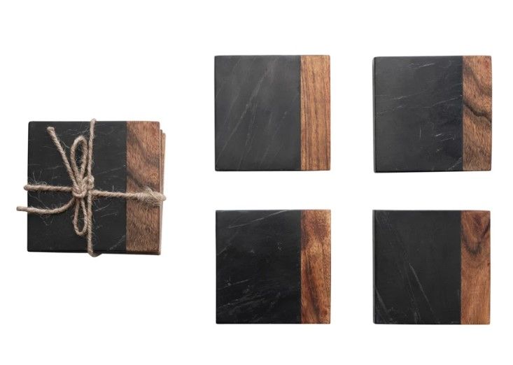 Black Marble &amp; Wood Coaster Set