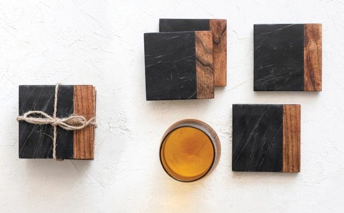 Black Marble &amp; Wood Coaster Set