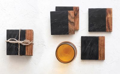 Black Marble &amp; Wood Coaster Set