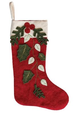 Holly Wool Felt Stocking, Red