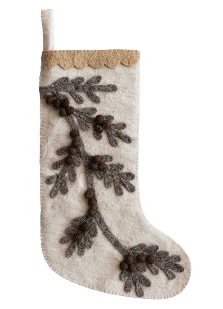 Grey Leaves Wool Felt Stocking