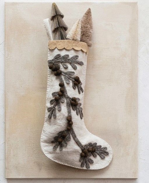 Grey Leaves Wool Felt Stocking
