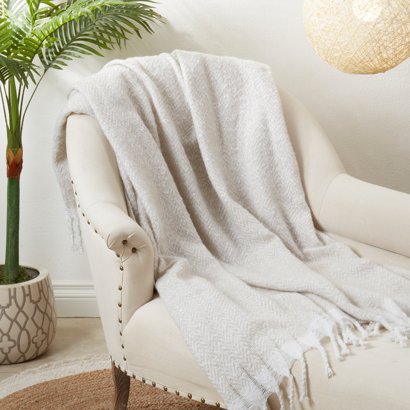 Ivory Faux Mohair Herringbone Throw