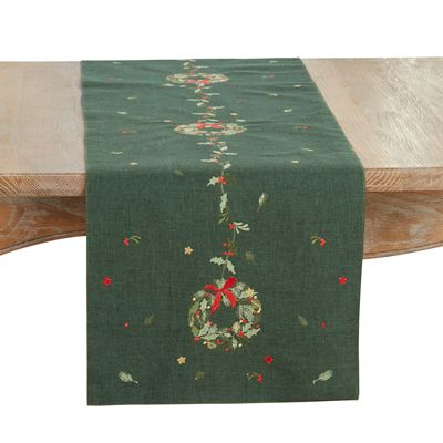 Embroidered Wreath Table Runner, Green, 70"