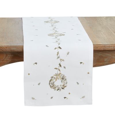 Embroidered Wreath Table Runner, White, 70&quot;