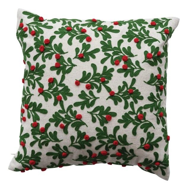 Embroidered Holly Pillow, 16"