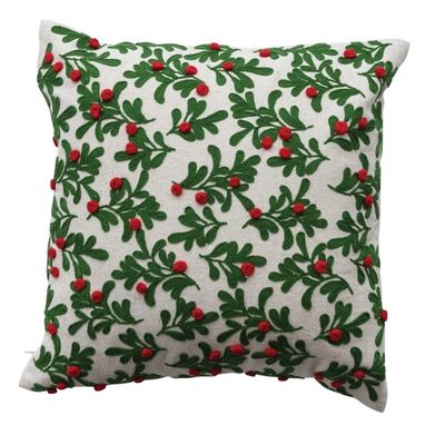 Embroidered Holly Pillow, 16"