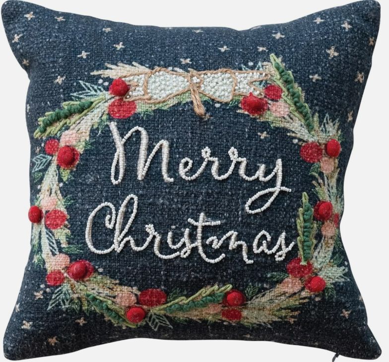 Blue Merry Christmas Wreath Pillow, 12"