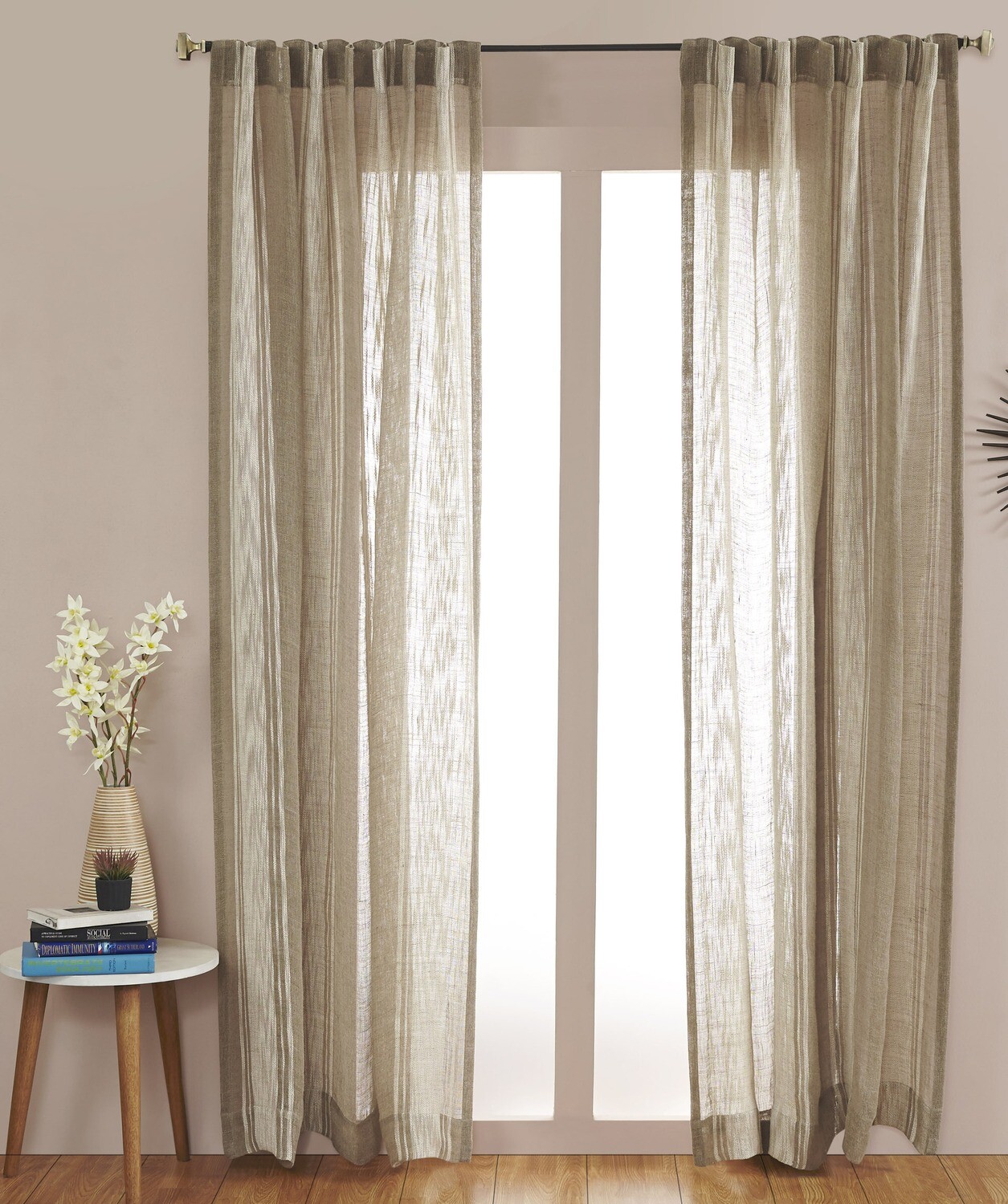 Pure Linen Sheer Stripe Drapery Panel Rod Pocket W/ Hidden Tabs