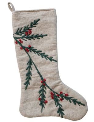 Holly Embroidered Stocking, Natural