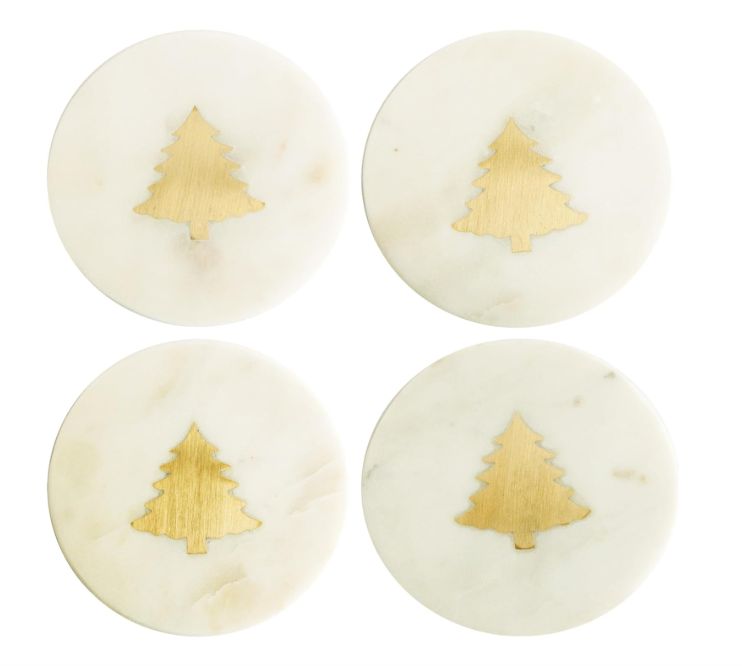 Marble &amp; Brass Tree Coasters, Set Of 4