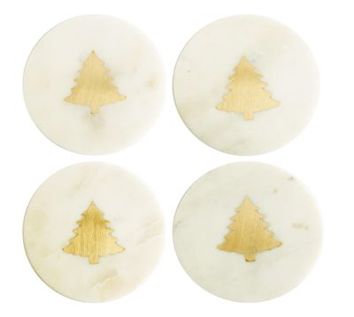 Marble &amp; Brass Tree Coasters, Set Of 4
