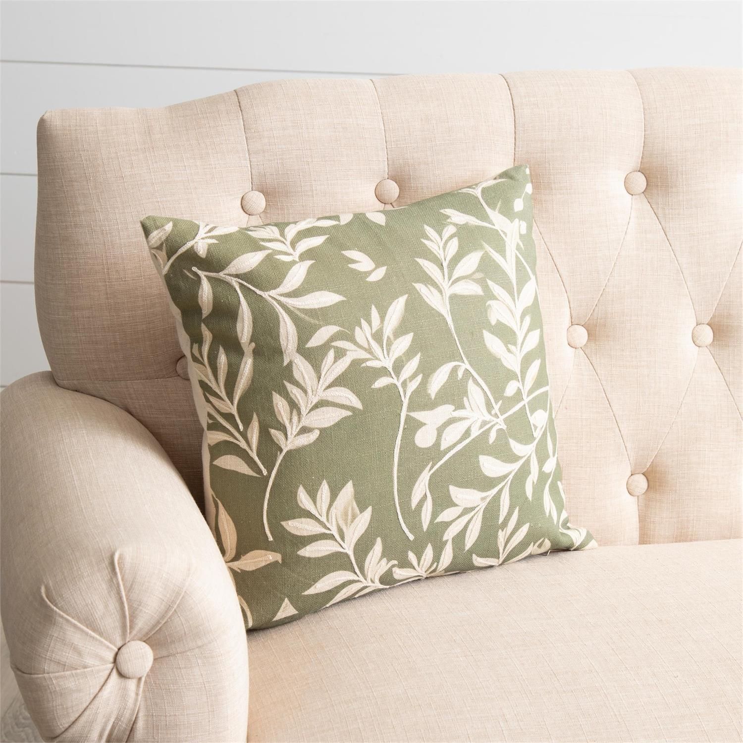 Embroidered Leafy Green Pillow, 16"