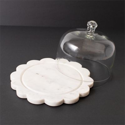 Scalloped Marble Plate W/ Glass Cloche