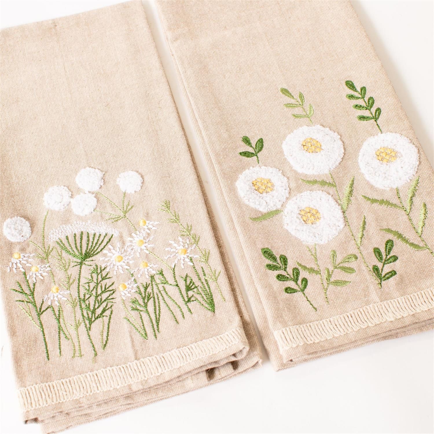 Chamomile Floral Embroidered Tea Towel