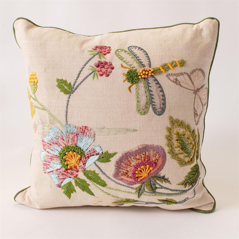 Embroidered Floral &amp; Dragonfly Pillow, 18"