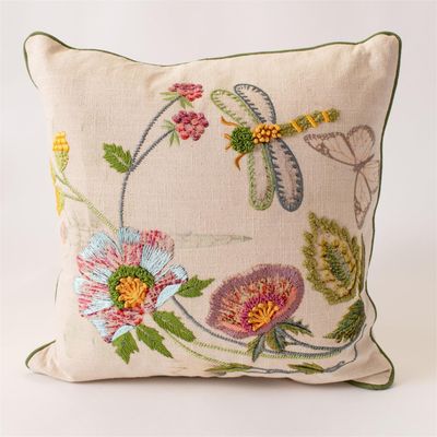 Embroidered Floral &amp; Dragonfly Pillow, 18"