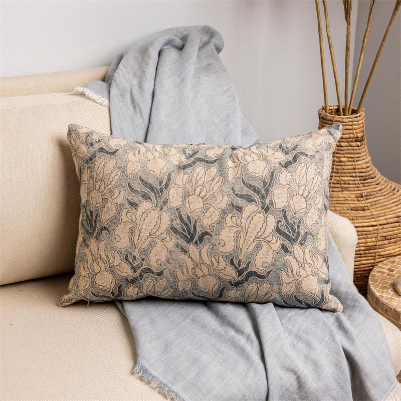 Blue Floral Kantha Stitch Lumbar Pillow, 14x20