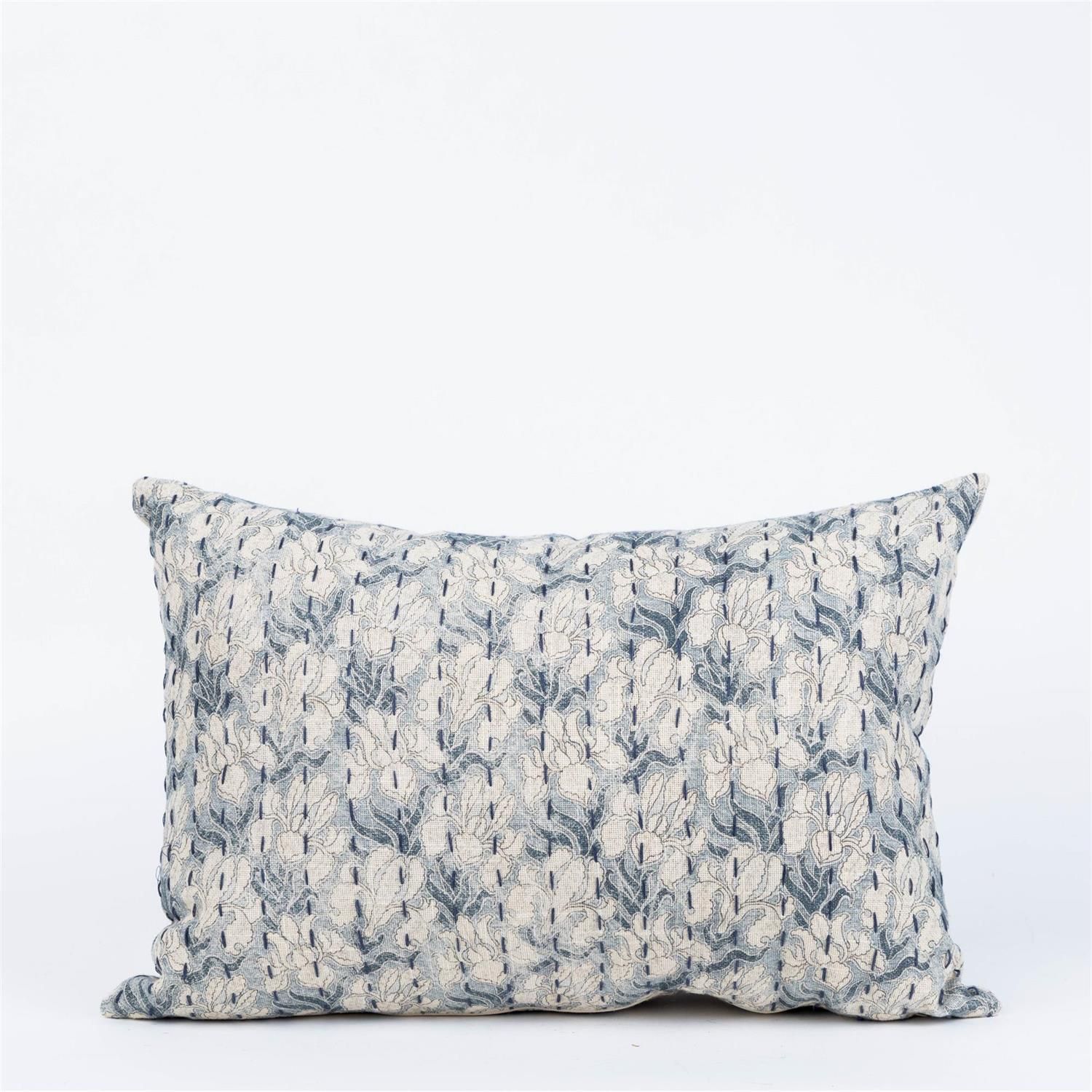 Blue Floral Kantha Stitch Lumbar Pillow, 14x20