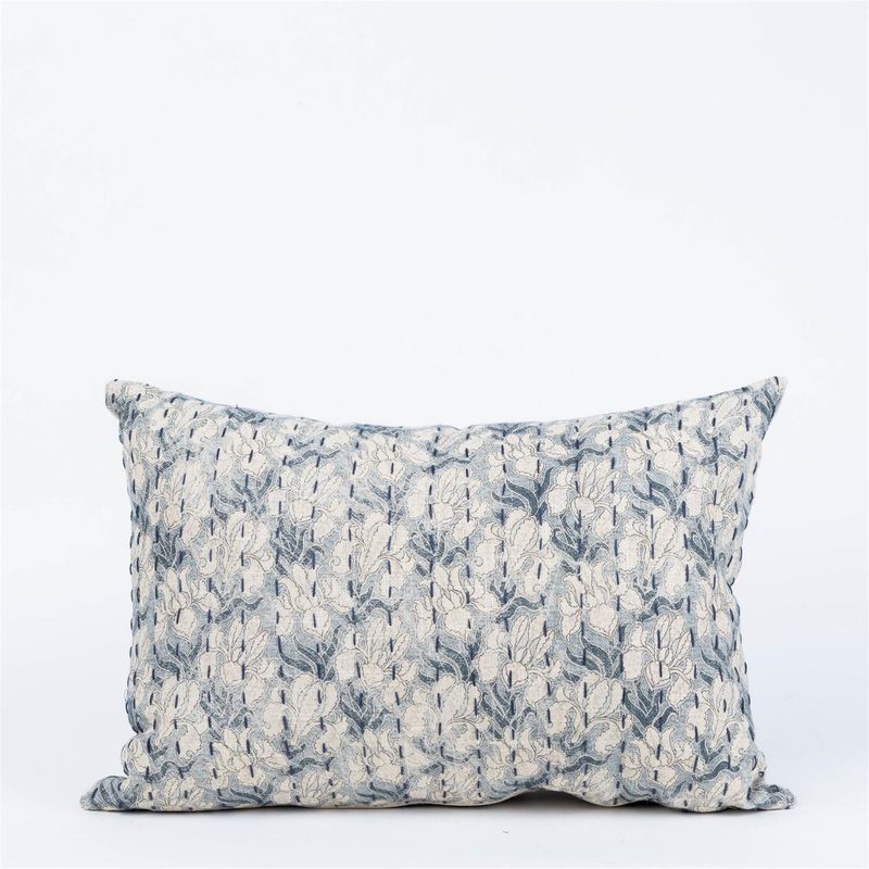 Blue Floral Kantha Stitch Lumbar Pillow, 14x20
