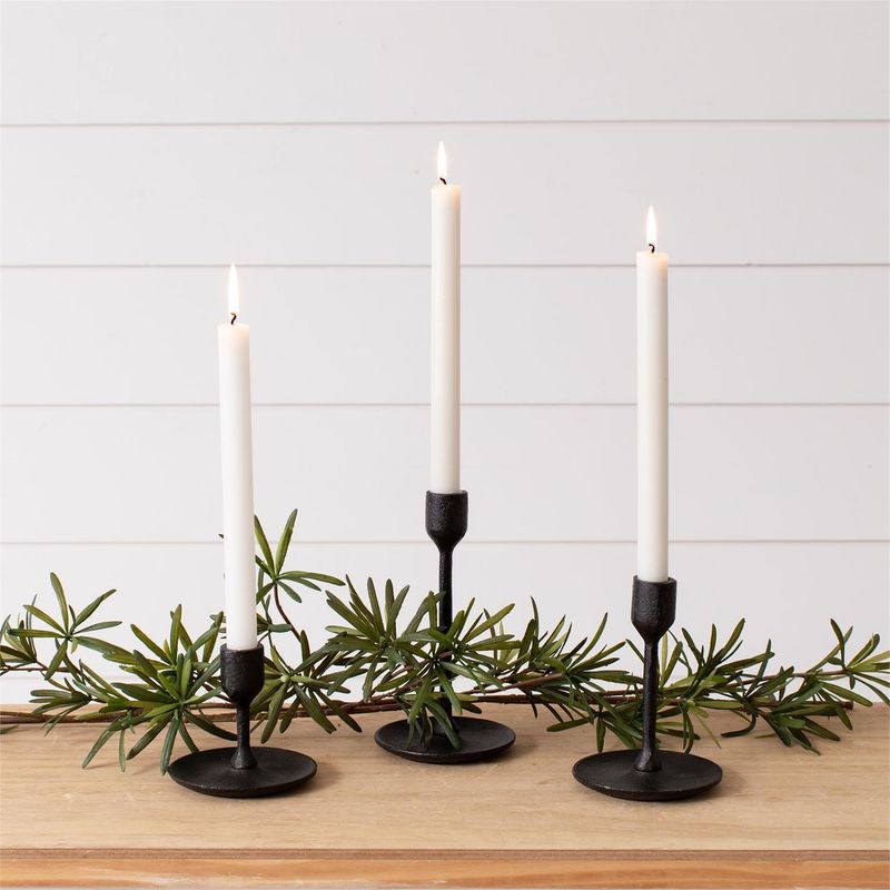 Short Black Wrought Iron Taper Holders, Set Of 3