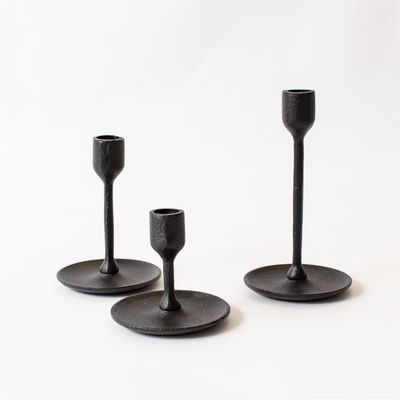 Short Black Wrought Iron Taper Holders, Set Of 3