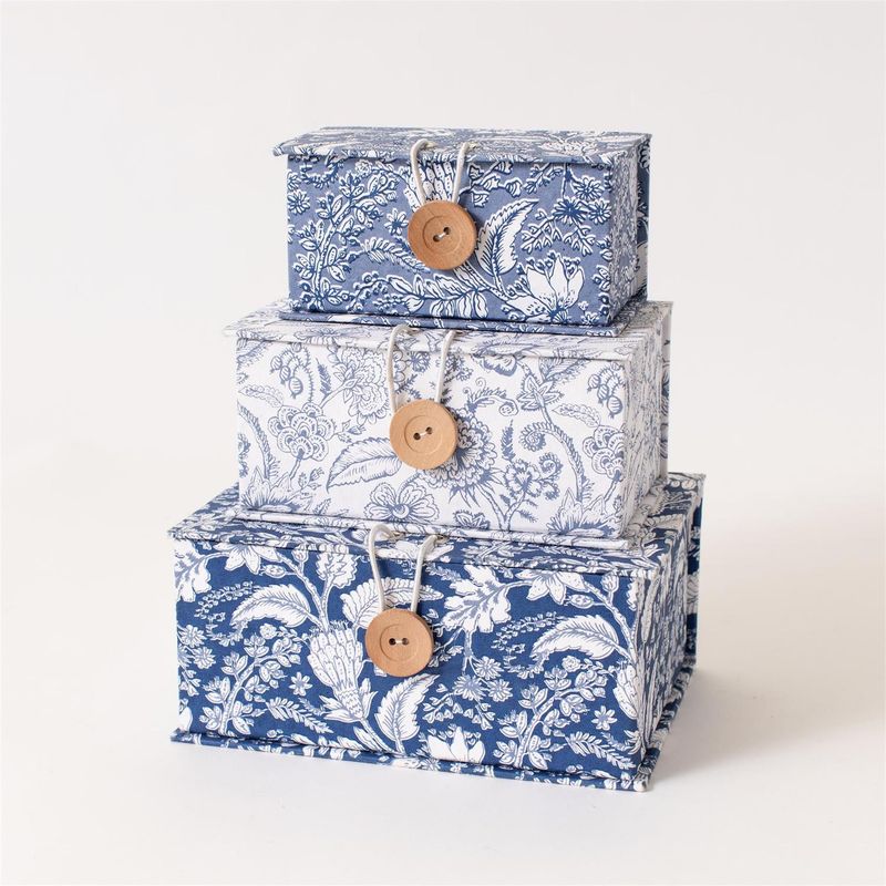 Blue Block Print Boxes, Set Of 3