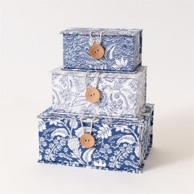 Blue Block Print Boxes, Set Of 3