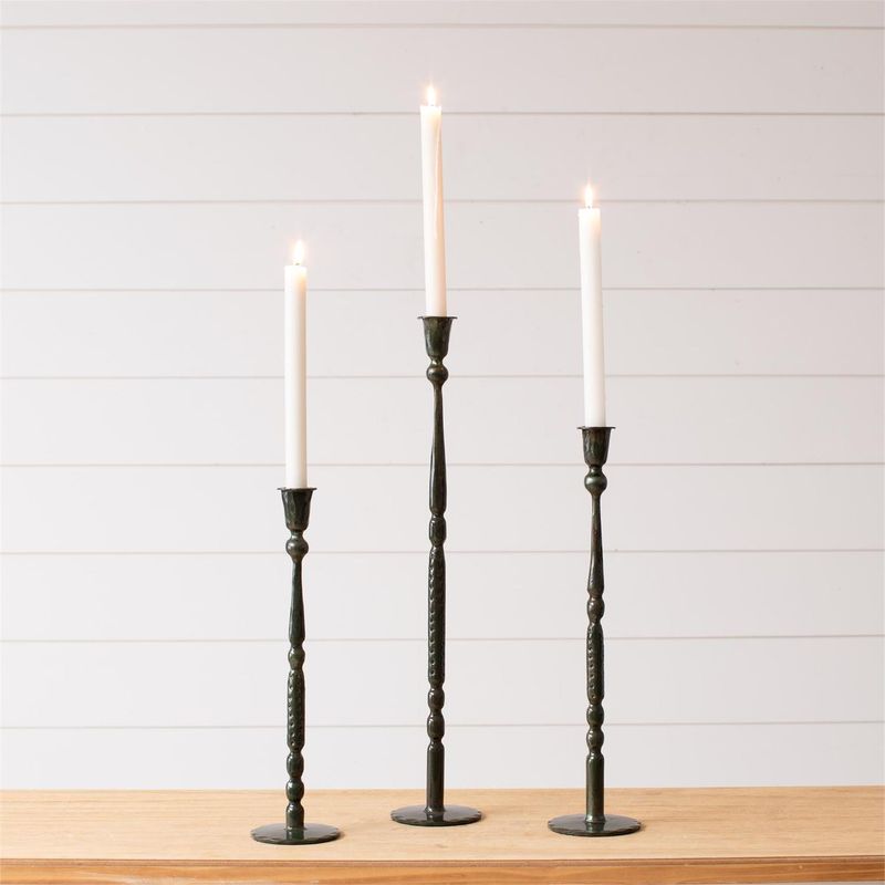 Slim Green Enamel Taper Holders, Set Of 3