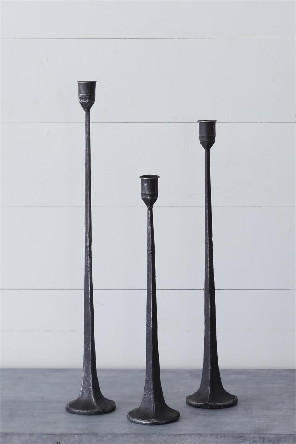 Tall Black Wrought Iron Taper Holders, Set Of 3