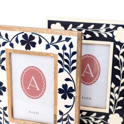 Blue Floral Inlay Photo Frame