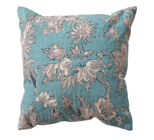 Blue Floral Kantha Stitch Pillow, 12"