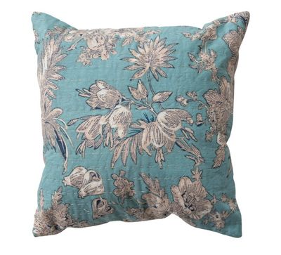 Blue Floral Kantha Stitch Pillow, 12"