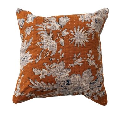 Orange Floral Kantha Stitch Pillow, 12"