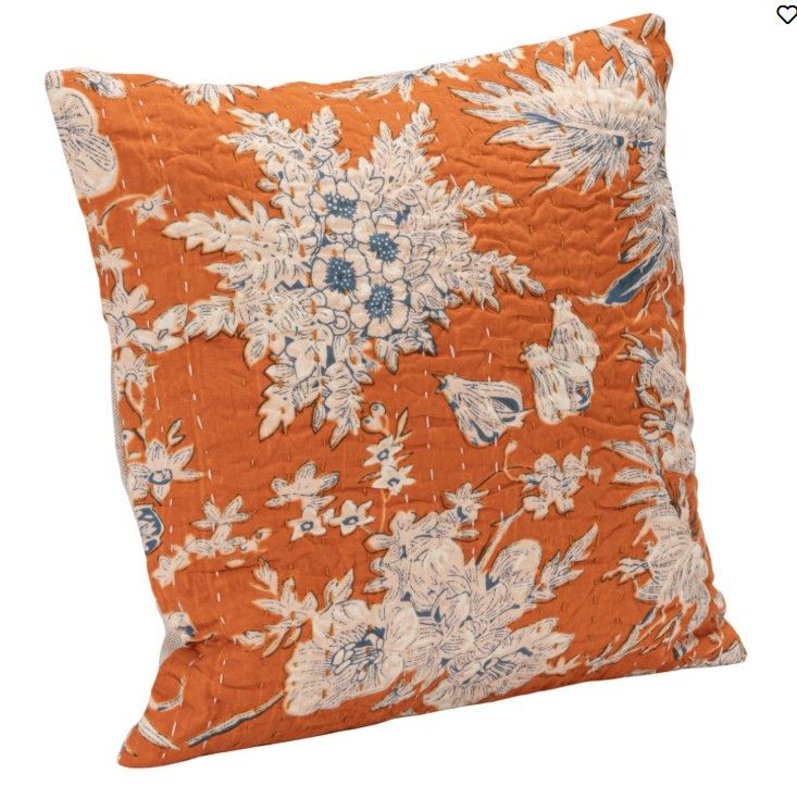 Orange Floral Kantha Stitch Pillow, 12"