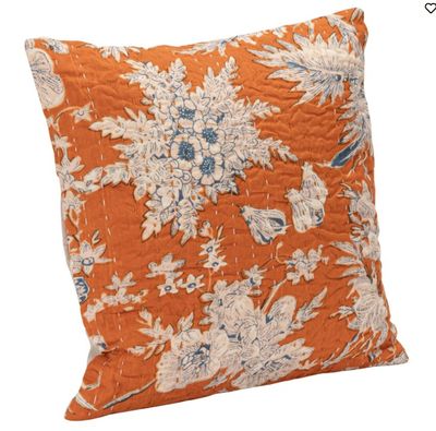 Orange Floral Kantha Stitch Pillow, 12"