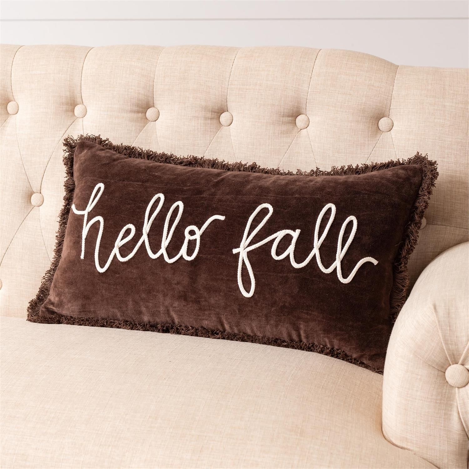 "Hello Fall" Brown Velvet Pillow, 12x22