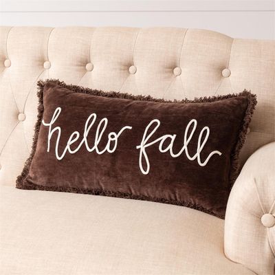 "Hello Fall" Brown Velvet Pillow, 12x22