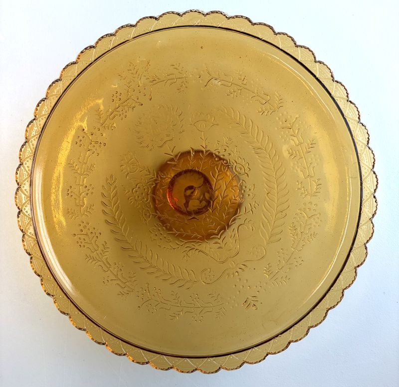 Scalloped Glass Cake Plate, Amber
