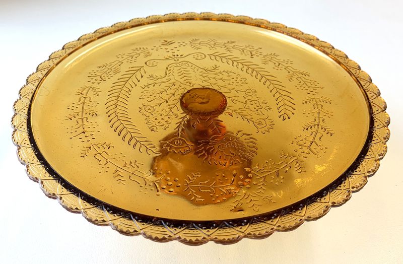 Scalloped Glass Cake Plate, Amber