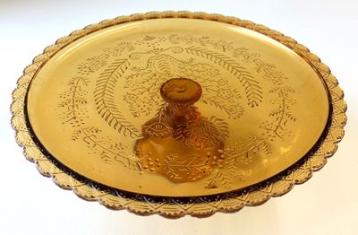 Scalloped Glass Cake Plate, Amber