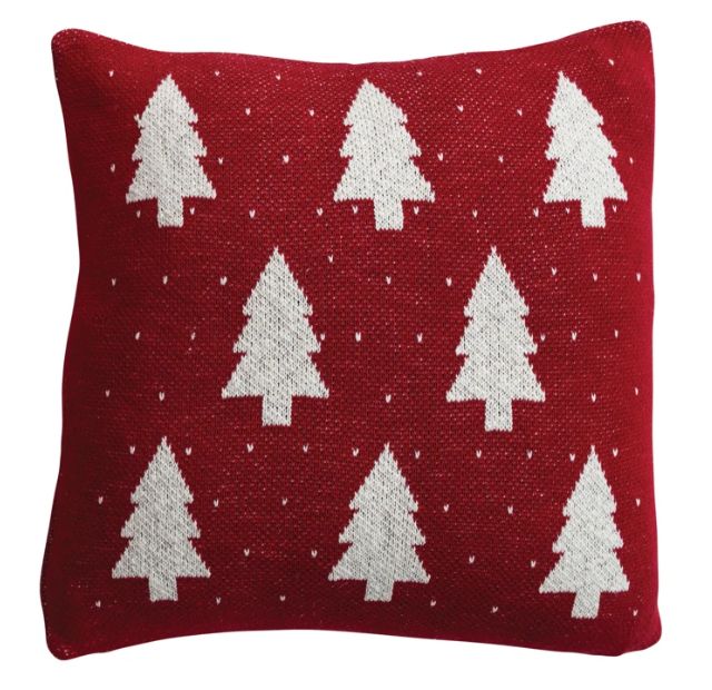 Red Cotton Knit Christmas Tree Pillow, 18"
