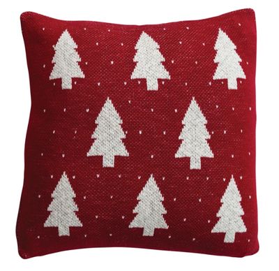 Red Cotton Knit Christmas Tree Pillow, 18"