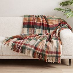 Faux Mohair Red/Green Plaid Throw, 50x60